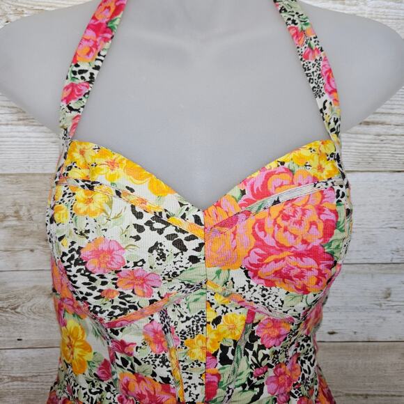 GUESS Sundress Floral Cottage Size 10 Halter Cotton Ruched Mini Bustier Boho - Picture 3 of 16